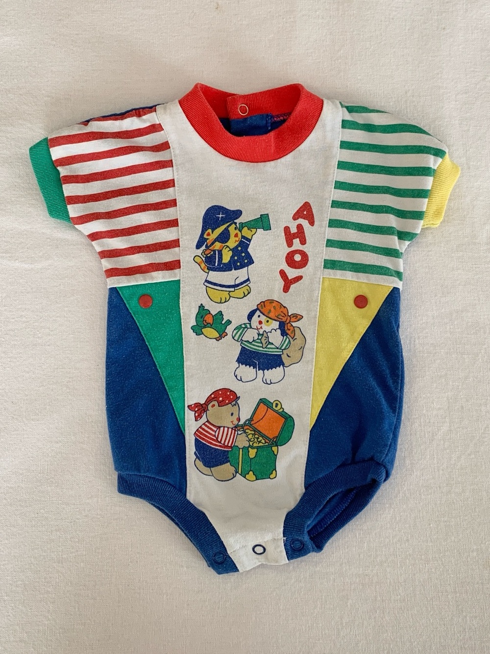 Vintage Colorblock Ahoy Pirates Treasure Chest Animals Baby Boy Bodysuit Romper